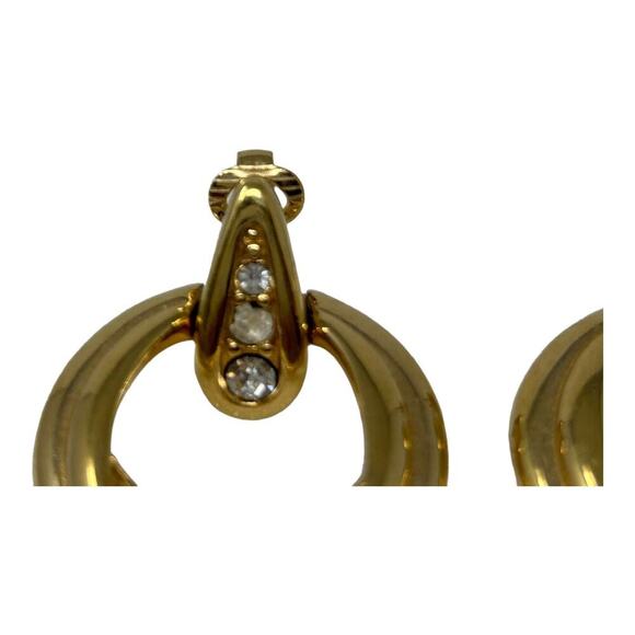 Swarovski Swan Logo Crystal & Gold Tone Dangle Hoop Clip Earrings Minimalist - Picture 5 of 16